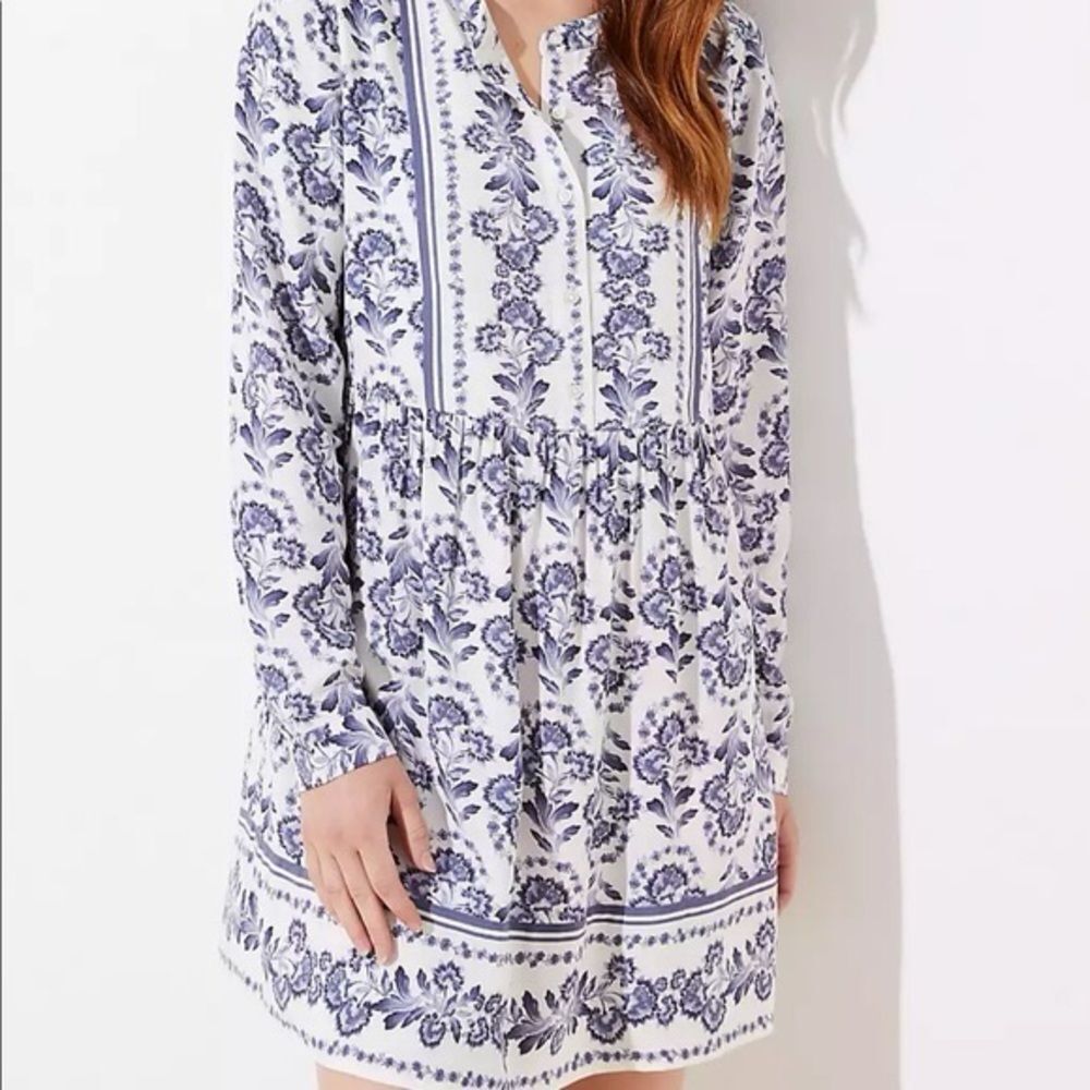LOFT Sz 14 White Blue Boho Floral Print Flare Shirt Button Dress
